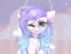 Size: 2000x1500 | Tagged: safe, artist:reterica, derpibooru import, oc, unofficial characters only, pony, :p, abstract background, bust, chest fluff, choker, floppy ears, glasses, image, jpeg, looking at you, one eye closed, raised hoof, solo, tongue out, wink, winking at you