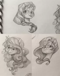 Size: 1638x2048 | Tagged: safe, artist:miss_glowwormis, derpibooru import, pipp petals, sunny starscout, earth pony, pegasus, pony, unicorn, bust, g5, image, izzy moonglow, jpeg, looking at you, portrait, sketch, smiling, traditional art