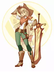 Size: 1560x2080 | Tagged: safe, artist:miss_glowwormis, derpibooru import, applejack, human, alternate hairstyle, boots, bow, clothes, cowboy hat, giant sword, gloves, hair bow, hat, high heels, humanized, image, jpeg, looking at you, pants, shirt, shoes, short, smiling, solo, sword, weapon