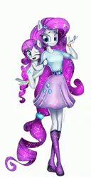 Size: 2089x4096 | Tagged: safe, artist:opal_radiance, derpibooru import, rarity, pony, unicorn, equestria girls, belt, boots, bracelet, breasts, clothes, duo, female, hug, image, jewelry, jpeg, mare, one eye closed, open mouth, ponied up, self paradox, self ponidox, shirt, shoes, simple background, skirt, white background, wink