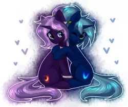 Size: 1024x859 | Tagged: safe, artist:avrameow, derpibooru import, oc, oc:novus flux, oc:tenebris flux, unofficial characters only, pony, unicorn, annoyed, blushing, cute, ear piercing, earring, female, freckles, hug, image, jewelry, jpeg, leg rings, one eye closed, piercing, ponytail, siblings, simple background, sisters, wink