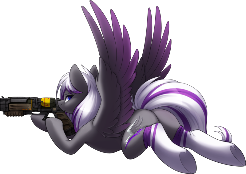 Size: 2212x1568 | Tagged: suggestive, artist:scarlet-spectrum, derpibooru import, oc, oc:lyum, pegasus, butt, clothes, fallout, image, laser rifle, looking at you, png, socks, spread wings, wings