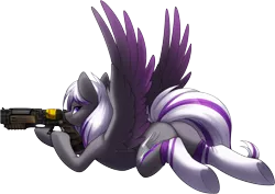 Size: 2212x1568 | Tagged: suggestive, artist:scarlet-spectrum, derpibooru import, oc, oc:lyum, pegasus, butt, clothes, fallout, image, laser rifle, looking at you, png, socks, spread wings, wings