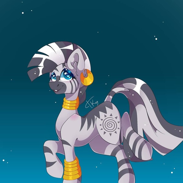 Size: 1080x1078 | Tagged: safe, artist:tessa_key_, derpibooru import, zecora, pony, zebra, bracelet, ear piercing, earring, female, gradient background, image, jewelry, jpeg, mare, neck rings, piercing, raised hoof, signature