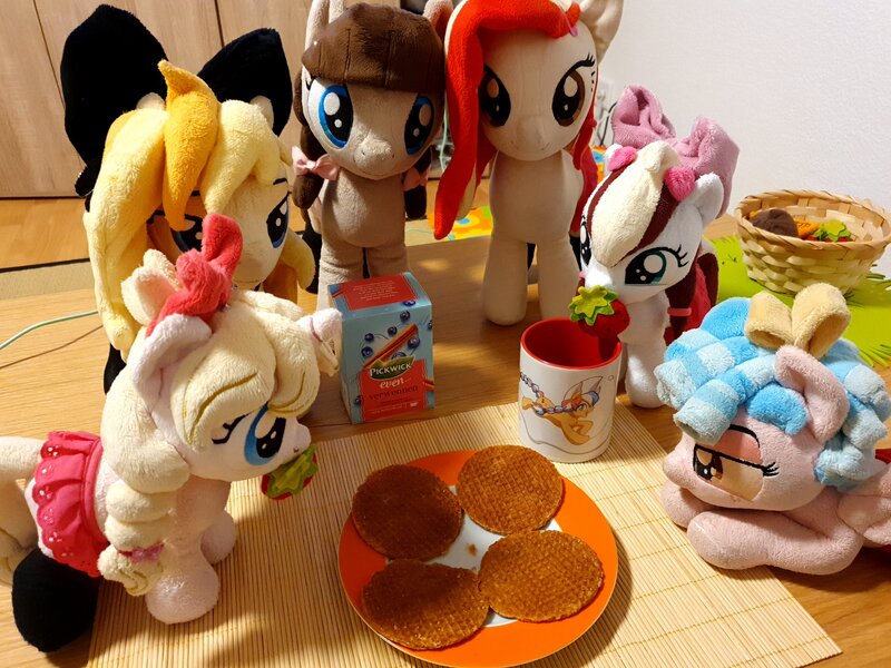 Size: 4032x3024 | Tagged: safe, artist:xeto_de, derpibooru import, cozy glow, oc, oc:connie bloom, oc:lily, oc:poniko, oc:wingblossom, image, irl, jpeg, photo, plushie, stroopwafel