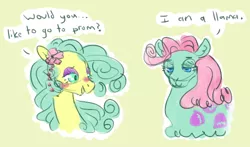 Size: 752x441 | Tagged: safe, artist:tilling-tan, derpibooru import, cha cha, llama, pony, blushing, cha cha (shs), dialogue, eyeshadow, g1, image, makeup, png, pony friends, sweetheart sister ponies