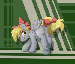 Size: 1400x1200 | Tagged: suggestive, artist:klemm, derpibooru import, derpy hooves, pegasus, pony, bow, bubble butt, butt, dock, frog (hoof), hair bow, image, jpeg, looking back, plot, simple background, solo, tail bow, underhoof