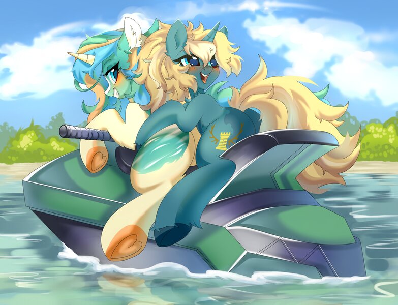 Size: 4096x3140 | Tagged: safe, artist:hk2309, derpibooru import, oc, oc:maple parapet, oc:sunny sandbar, unofficial characters only, pony, unicorn, blushing, female, image, jet ski, jpeg, underhoof, water