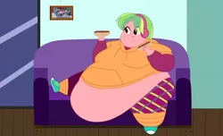Size: 16507x10021 | Tagged: suggestive, artist:deathsoul 66, derpibooru import, lemon zest, equestria girls, bbw, belly, belly button, big belly, big breasts, breasts, chubby cheeks, couch, crystal prep, double chin, fat, fat boobs, fat edit, female, food, hot dog, huge belly, huge breasts, image, impossibly large belly, meat, morbidly obese, obese, png, sausage, ssbbw, weight gain