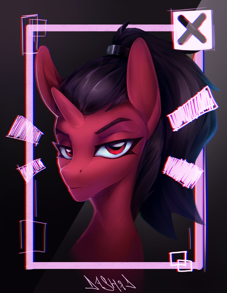 Size: 3564x4611 | Tagged: safe, artist:dashid, derpibooru import, oc, oc:rose (gearslavehorse), unofficial characters only, pony, unicorn, black hair, bust, eyeliner, female, high res, image, jpeg, makeup, ponytail, red eyes, solo, unamused