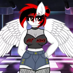 Size: 1378x1378 | Tagged: safe, artist:chubbehbunneh16, derpibooru import, oc, oc:flamea star, unofficial characters only, anthro, pegasus, pony, breasts, bustier, cleavage, clothes, club, eye clipping through hair, female, fishnets, hand on hip, image, makeup, mare, milf, multicolored eyes, pegasus oc, png, shorts, simple shading, solo, wings
