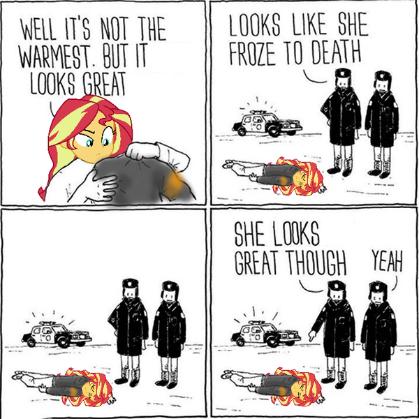 Size: 735x735 | Tagged: safe, derpibooru import, edit, editor:shyinka, sunset shimmer, equestria girls, clothes, cold, comic, death, exploitable meme, image, jacket, jpeg, leather jacket, meme, police