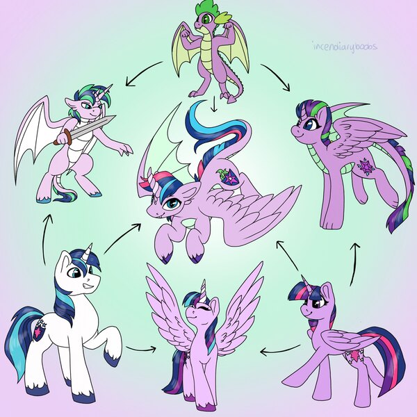 Size: 4000x4000 | Tagged: safe, artist:incendiaryboobs, derpibooru import, shining armor, spike, twilight sparkle, twilight sparkle (alicorn), alicorn, dracony, dragon, hybrid, pony, absurd resolution, draconicorn, fusion, fusion diagram, hexafusion, image, jpeg