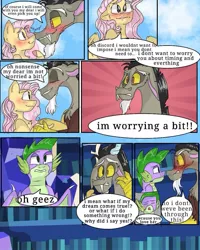 Size: 899x1123 | Tagged: safe, artist:cocolove2176, derpibooru import, discord, fluttershy, spike, draconequus, dragon, pegasus, pony, comic:fluttering chaos, blushing, comic, dialogue, discoshy, female, image, jpeg, male, mare, shipping, straight, winged spike