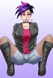 Size: 1500x2200 | Tagged: safe, artist:zachc, derpibooru import, princess celestia, human, boots, choker, clothes, denim shorts, eyeshadow, female, humanized, image, jacket, leather jacket, lipstick, looking at you, makeup, png, punklestia, shoes, shorts, simple background, socks, solo, spiked choker, thigh highs