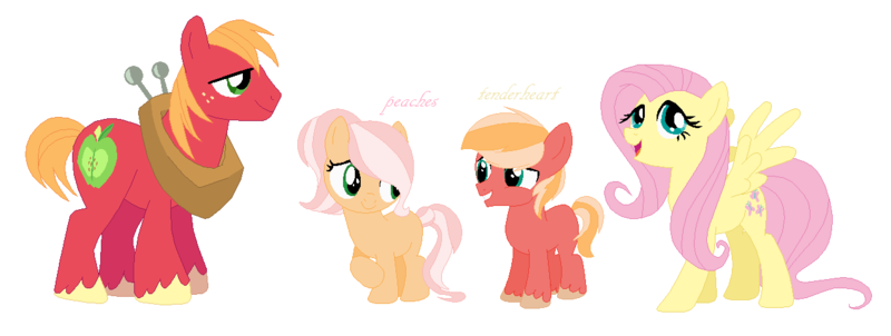 Size: 1270x480 | Tagged: safe, artist:puddycat431, artist:selenaede, derpibooru import, big macintosh, fluttershy, oc, oc:peaches, oc:tenderheart, earth pony, pegasus, pony, base used, colt, family, female, filly, fluttermac, image, male, mare, offspring, parent:big macintosh, parent:fluttershy, parents:fluttermac, png, shipping, simple background, stallion, straight, white background