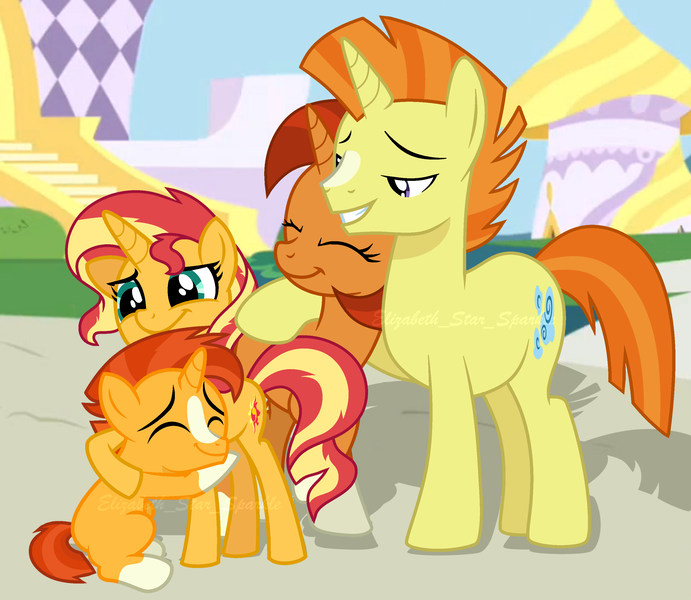 Size: 2976x2584 | Tagged: safe, artist:sunlightshimmer64, derpibooru import, stellar flare, sunburst, sunset shimmer, sunspot (character), pony, unicorn, base used, blank flank, brother and sister, colt, colt sunburst, deviantart watermark, family, female, filly, filly sunset shimmer, hug, image, male, obtrusive watermark, png, shipping, siblings, straight, sunny siblings, watermark, younger