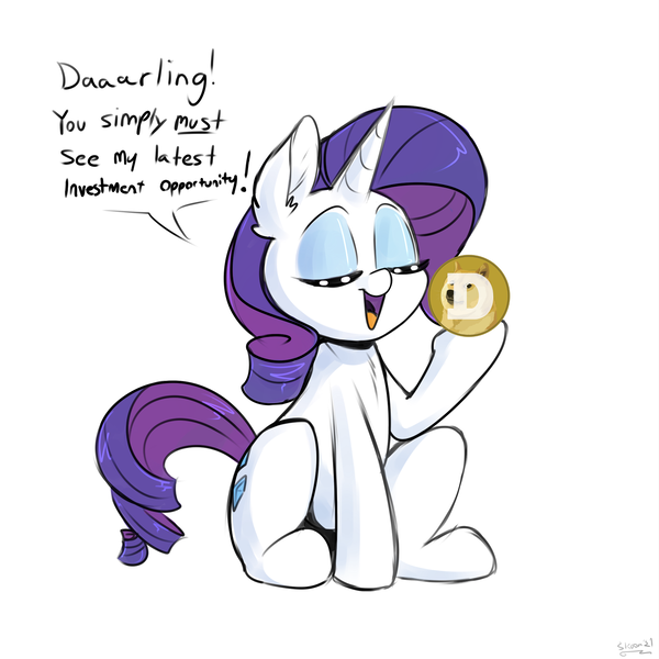 Size: 2000x2000 | Tagged: safe, artist:skoon, derpibooru import, edit, rarity, pony, unicorn, darling, dialogue, doge, dogecoin, ear fluff, eyes closed, female, hoof hold, image, mare, meme, png, rarity's latest accessory, simple background, sketch, solo, this will end in bankruptcy