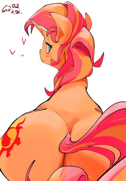 Size: 1400x2000 | Tagged: suggestive, artist:sozglitch, derpibooru import, sunset shimmer, pony, unicorn, blushing, bunset shimmer, butt, floating heart, heart, image, jpeg, large butt, looking at you, looking back, looking back at you, low angle, plot, rear view, simple background, white background