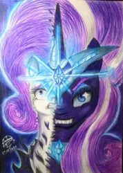Size: 449x630 | Tagged: safe, artist:shadowingartist, derpibooru import, nightmare rarity, rarity, pony, unicorn, crying, evil grin, female, glare, grin, image, jpeg, looking at you, looking up, magic, magic aura, mare, scared, smiling, traditional art