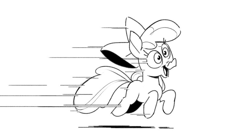 Size: 1517x853 | Tagged: safe, artist:kylesmeallie, derpibooru import, apple bloom, earth pony, pony, black and white, blank flank, grayscale, image, jpeg, lineart, monochrome, running, simple background, solo, speed lines, white background