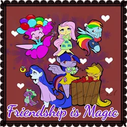 Size: 1070x1070 | Tagged: safe, artist:vyckykenyon, derpibooru import, applejack, fluttershy, pinkie pie, rainbow dash, rarity, spike, twilight sparkle, twilight sparkle (alicorn), alicorn, dragon, earth pony, pegasus, unicorn, balloon, clothes, dress, eyelashes, floating, heart, horn, image, jpeg, male, mane seven, mane six, one eye closed, open mouth, sleeping, smiling, then watch her balloons lift her up to the sky, wings, wink