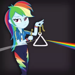 Size: 1450x1450 | Tagged: safe, artist:grapefruit-face, derpibooru import, rainbow dash, equestria girls, equestria girls series, base used, clothes, female, geode of super speed, image, looking to the left, magical geodes, musical instrument, pink floyd, png, remake, sideways glance, solo, the dark side of the moon, triangle, wristband