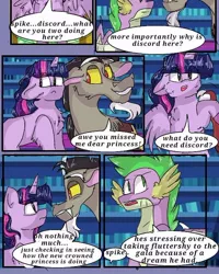 Size: 540x675 | Tagged: safe, artist:cocolove2176, derpibooru import, discord, spike, twilight sparkle, twilight sparkle (alicorn), alicorn, draconequus, dragon, pony, comic:fluttering chaos, blushing, comic, dialogue, female, image, implied discoshy, implied shipping, implied straight, jpeg, male, mare, winged spike