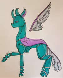 Size: 2987x3696 | Tagged: safe, artist:agdapl, derpibooru import, changedling, changeling, changedlingified, crossover, curved horn, floating wings, horn, image, jpeg, male, raised hoof, signature, solo, species swap, spy, team fortress 2, traditional art, wings