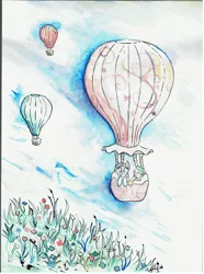 Size: 2000x2681 | Tagged: safe, artist:nedemai, derpibooru import, spike, twilight sparkle, air balloon, balloon, floating, hot air balloon, image, jpeg, scenery, traditional art, watercolor painting