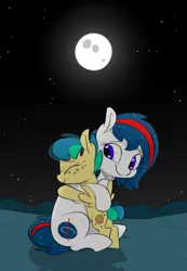 Size: 781x1131 | Tagged: safe, artist:anonymous, ponybooru import, oc, unofficial characters only, earth pony, pegasus, pony, butt freckles, cute, earth pony oc, ethereal mane, female, filly, freckles, full moon, happy, hug, image, mare, moon, night, pegasus oc, png, smiling, starry mane, stars, sweet dreams fuel, wholesome, wings