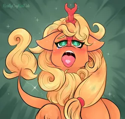 Size: 2560x2434 | Tagged: suggestive, artist:reallycoykoifish, derpibooru import, applejack, kirin, ahegao, anime, big eyes, blushing, cum, hair, heart, image, mouthplay, nsfw, open mouth, png, shojo, solo, teary eyes, tongue out