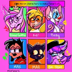 Size: 1080x1073 | Tagged: safe, artist:xeruali, derpibooru import, princess cadance, alicorn, anthro, cat, dog, mouse, pony, six fanarts, :d, anthro with ponies, bust, crossover, eyelashes, female, furry, horn, image, jpeg, littlest pet shop, mae borowski, male, mare, night in the woods, open mouth, pinky (pinky and the brain), pinky and the brain, smiling, zoe trent