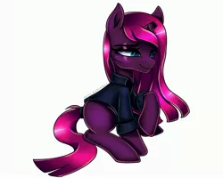 Size: 4096x3277 | Tagged: safe, artist:opal_radiance, derpibooru import, fizzlepop berrytwist, tempest shadow, pony, unicorn, alternate hairstyle, broken horn, clothes, eye scar, female, horn, image, jpeg, long hair, mare, scar, shirt, signature, simple background, sitting, smiling, solo, transparent background