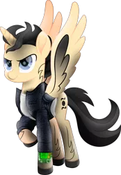 Size: 5808x8329 | Tagged: safe, artist:lincolnbrewsterfan, derpibooru import, oc, oc:breaking point, ponified, unofficial characters only, alicorn, pony, fallout equestria, my little pony: the movie, .svg available, absurd resolution, alicorn oc, alternate universe, blue eye, blue eyes, clothes, colored wings, confidence, confident, denim, denim jacket, derpibooru exclusive, determination, determined, determined face, determined look, determined smile, fire, gradient wings, happy, highlights, hoof shoes, horn, image, looking up, male, mane, markings, mod, movie accurate, musician, pipbuck, pipbuck 3000, png, ponysona, raised hoof, shading, shirt, simple background, smiling, solo, spread wings, stallion, stallion oc, t-shirt, tail, tattoo, transparent background, vector, white shirt, wings