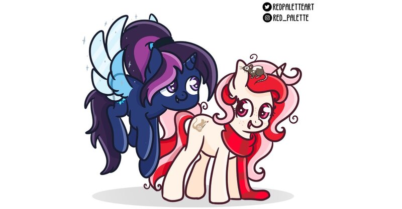 Size: 1200x626 | Tagged: safe, artist:redpalette, derpibooru import, oc, oc:red palette, alicorn, rat, unicorn, alicorn oc, clothes, cute, friends, horn, image, jpeg, pet, scarf, smiling, unicorn oc, wings