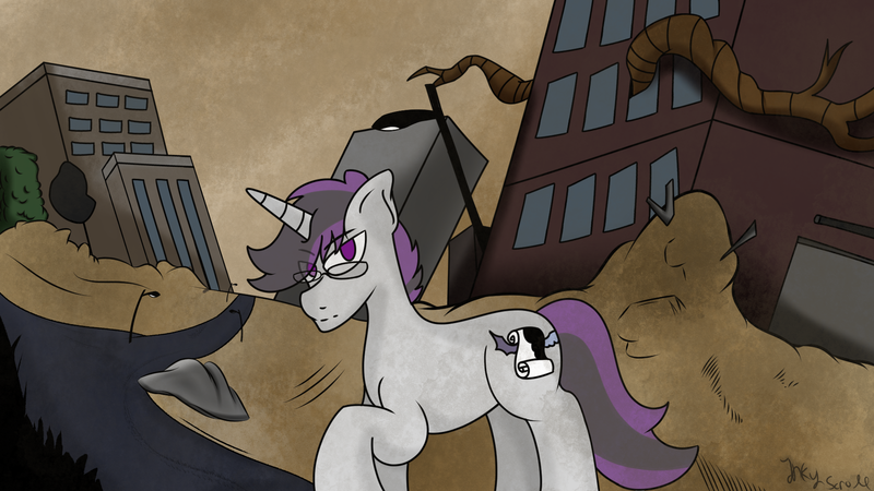 Size: 1920x1080 | Tagged: safe, artist:inky scroll, derpibooru import, oc, oc:inky scroll, pony, unicorn, destroyed building, glasses, image, looking at you, male, png, solo, stallion, wasteland