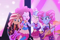 Size: 1070x719 | Tagged: safe, derpibooru import, screencap, kiwi lollipop, pinkie pie, sunset shimmer, supernova zap, equestria girls, equestria girls series, sunset's backstage pass!, spoiler:eqg series (season 2), female, guitar, happy, image, jpeg, k-lo, musical instrument, smiling, su-z