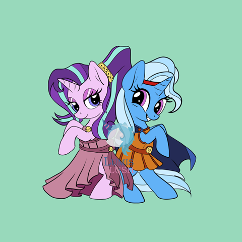 Size: 480x480 | Tagged: safe, artist:lumithekirin, derpibooru import, starlight glimmer, trixie, pony, unicorn, clothes, disney, dress, enamel pin, hercules, image, looking at each other, meg, megara, png, smiling