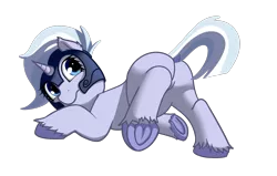 Size: 1766x1124 | Tagged: suggestive, artist:cutelewds, edit, silver sable, pony, unicorn, armor, blue eyes, butt, dock, face down ass up, female, guardsmare, helmet, hooves, horn, image, looking back, mare, plot, png, raised tail, royal guard, simple background, solo, tail, transparent background, underhoof, unshorn fetlocks