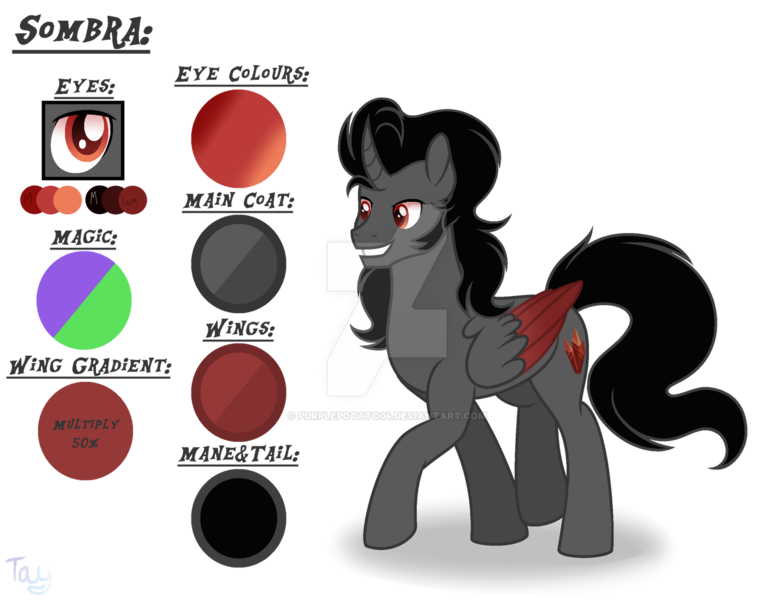 Size: 1280x993 | Tagged: safe, artist:dianamur, artist:purplepotato04, derpibooru import, king sombra, alicorn, pony, alicornified, base artist:dianamur, base used, base:dianamur, curved horn, deviantart watermark, horn, image, nebulaverse, obtrusive watermark, png, race swap, reference sheet, simple background, solo, sombra's cutie mark, sombracorn, transparent background, two toned wings, watermark, wings