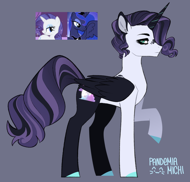 Size: 1244x1193 | Tagged: safe, artist:pandemiamichi, derpibooru import, princess luna, rarity, oc, alicorn, pony, clothes, colored wings, image, magical lesbian spawn, male, offspring, parent:princess luna, parent:rarity, parents:rariluna, png, socks, stallion, wings