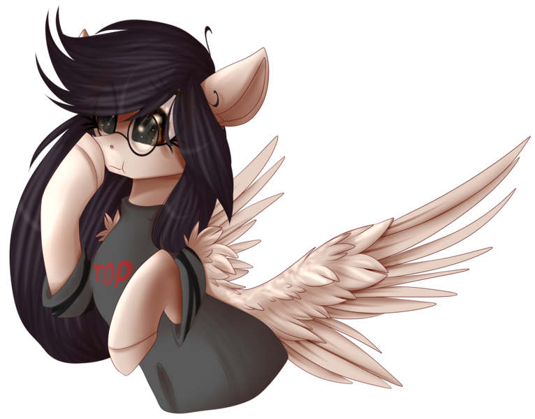 Size: 2768x2167 | Tagged: safe, artist:mediasmile666, banned from derpibooru, deleted from derpibooru, derpibooru import, oc, unofficial characters only, pegasus, pony, boop, bust, clothes, commission, eye clipping through hair, female, floppy ears, glasses, high res, image, mare, png, self-boop, shirt, simple background, solo, spread wings, t-shirt, transparent background, wings