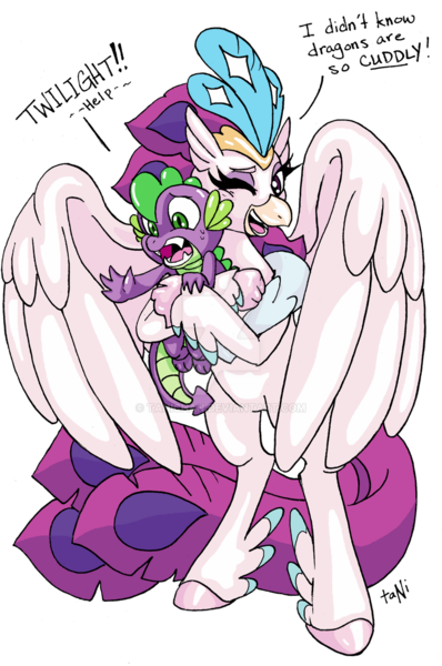 Size: 800x1206 | Tagged: safe, artist:tanichan, derpibooru import, queen novo, spike, classical hippogriff, dragon, hippogriff, my little pony: the movie, beak, colored pupils, crown, deviantart watermark, dialogue, eyelashes, feather, female, green eyes, hug, image, jewelry, male, obtrusive watermark, one eye closed, open mouth, png, purple eyes, regalia, simple background, smiling, tail, transparent background, watermark, wings, wink