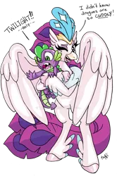 Size: 800x1206 | Tagged: safe, artist:tanichan, derpibooru import, queen novo, spike, classical hippogriff, dragon, hippogriff, my little pony: the movie, beak, colored pupils, crown, deviantart watermark, dialogue, eyelashes, feather, female, green eyes, hug, image, jewelry, male, obtrusive watermark, one eye closed, open mouth, png, purple eyes, regalia, simple background, smiling, tail, transparent background, watermark, wings, wink