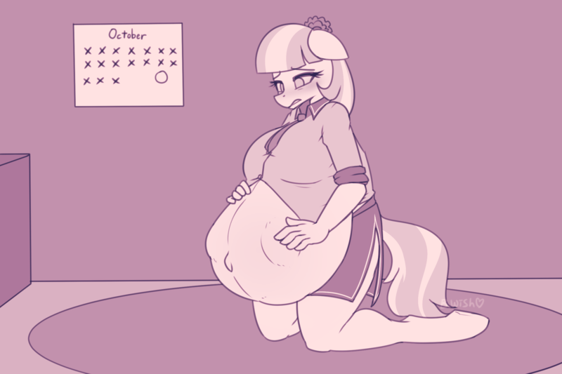 Size: 2160x1440 | Tagged: suggestive, artist:puetsua, derpibooru import, part of a set, coco pommel, anthro, earth pony, unguligrade anthro, belly, belly bumps, belly button, big belly, blushing, calendar, cloth, floppy ears, image, kneeling, monochrome, outie belly button, part of a series, png, pregnant, sequence, triplets, underhoof