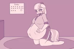 Size: 2160x1440 | Tagged: suggestive, artist:puetsua, derpibooru import, part of a set, coco pommel, anthro, earth pony, unguligrade anthro, belly, belly bumps, belly button, big belly, blushing, calendar, cloth, floppy ears, image, kneeling, monochrome, outie belly button, part of a series, png, pregnant, sequence, triplets, underhoof