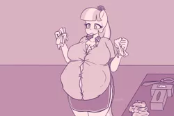 Size: 2160x1440 | Tagged: suggestive, artist:puetsua, derpibooru import, part of a set, coco pommel, anthro, earth pony, unguligrade anthro, belly, belly bumps, big belly, big breasts, blushing, breasts, busty coco pommel, cloth, image, lactation, milk, monochrome, overdue, part of a series, png, pregnant, sequence, sweat, sweatdrop, tissue, tissue box, triplets