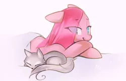 Size: 2048x1312 | Tagged: safe, artist:mirroredsea, derpibooru import, pinkie pie, earth pony, pony, wolf, colored pupils, cub, cute, eye clipping through hair, image, jpeg, lidded eyes, lying down, pinkamena diane pie, sheet, simple background, sleeping, smiling, white background