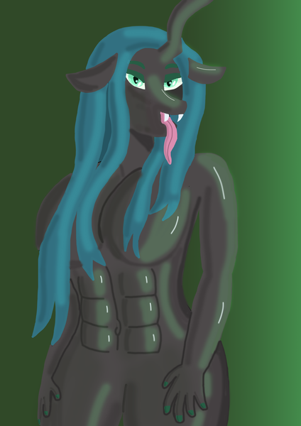 Size: 3508x4961 | Tagged: suggestive, artist:anthrodegenerate, derpibooru import, queen chrysalis, anthro, changeling, changeling queen, abs, big breasts, breasts, busty queen chrysalis, female, godiva hair, huge breasts, image, looking at you, open mouth, png, reversalis, strategically covered, tongue out